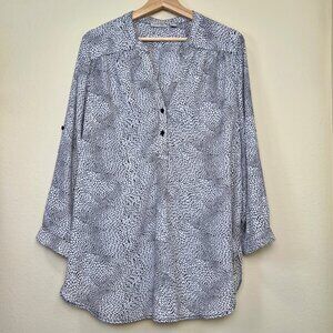 HALOGEN Split Neck White & Navy Printed Long Sleeve Tunic Blouse with Tab Sleeve
